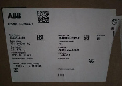 ABB ACS880-01-087A-3 VFD product label, 87A, 3~400V AC, new in box, fast shipping