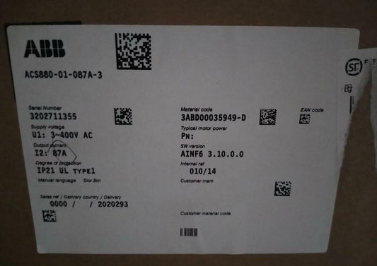 ABB ACS880-01-087A-3 VFD product label, 87A, 3~400V AC, new in box, fast shipping