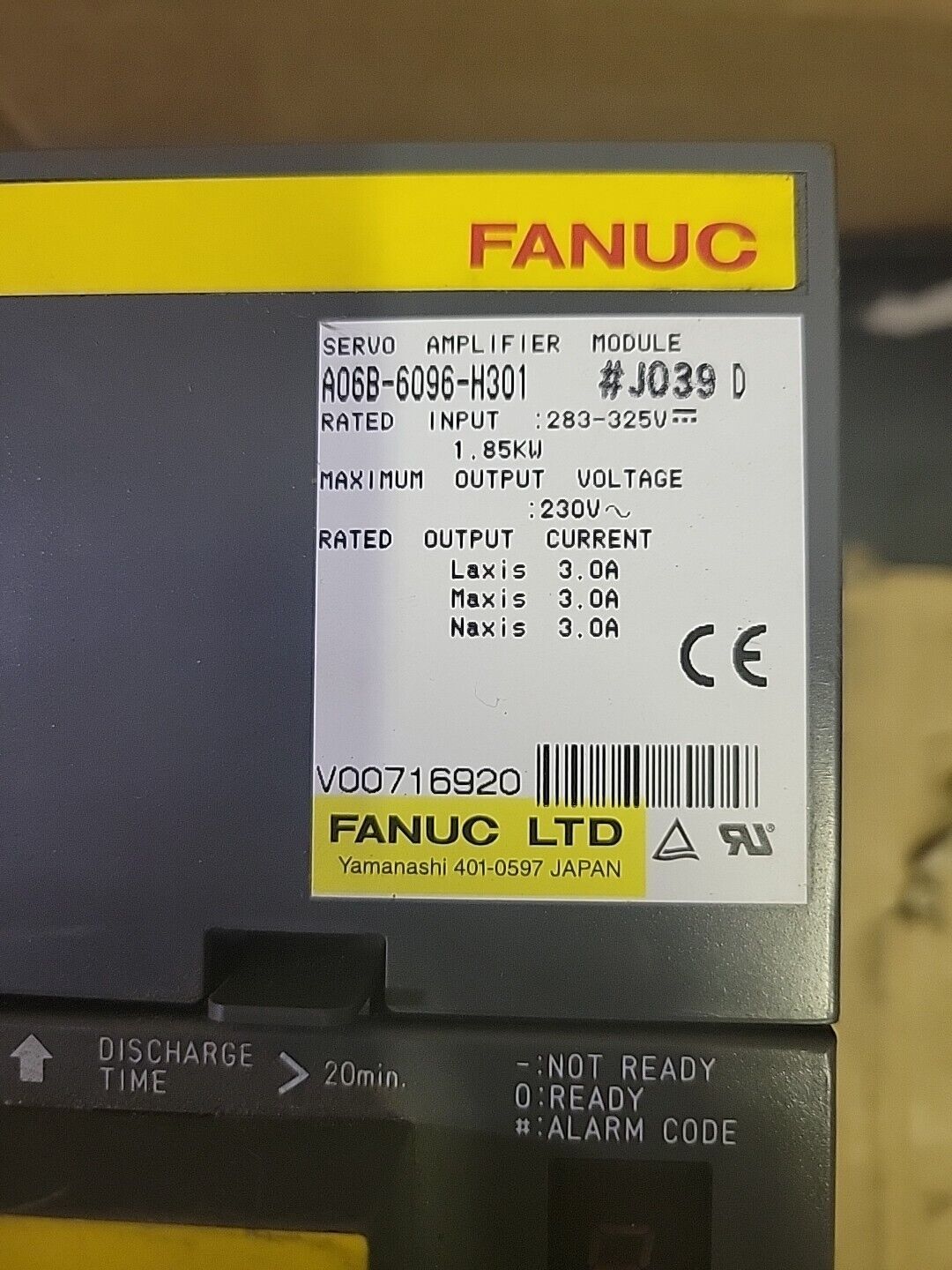 FANUC A06B-6096-H301 Servo Amplifier Module, industrial automation part, 3.0A output, new condition.