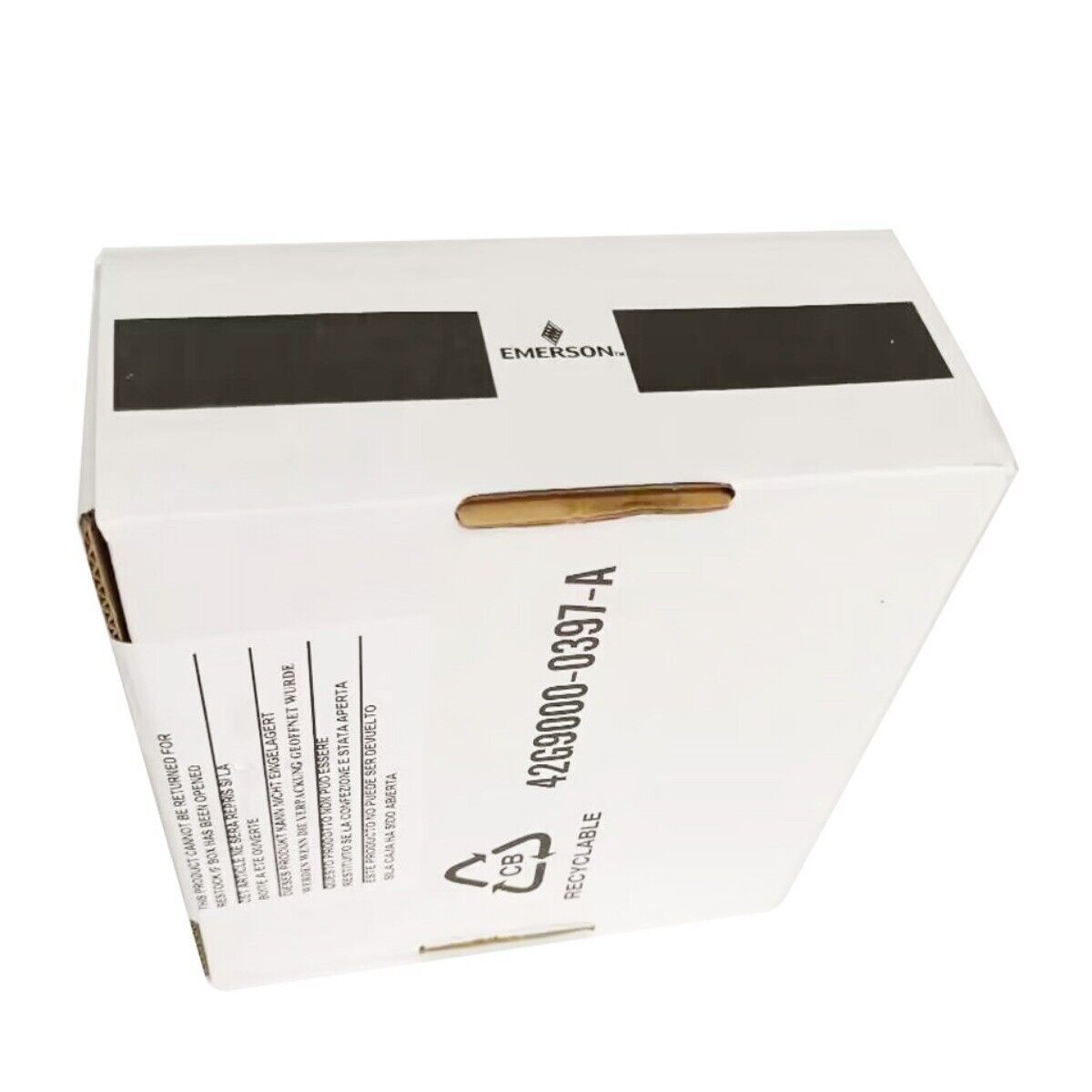 Emerson I/O Module Box with product number 4269000-0397-A and recycling symbol, details on a white box.
