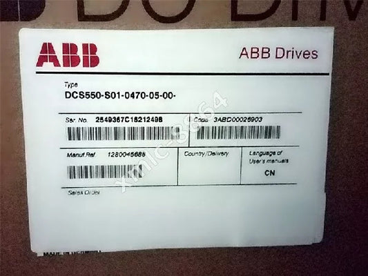 ABB DCS550-S01-0470-05-00-00 DC Drive product label with serial number, manufacturer reference, and other specifications.