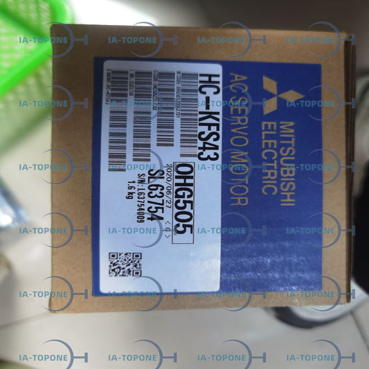 Mitsubishi HC-KFS43 AC Servo Motor with Serial Number SL63754 and OHG505 code on packaging