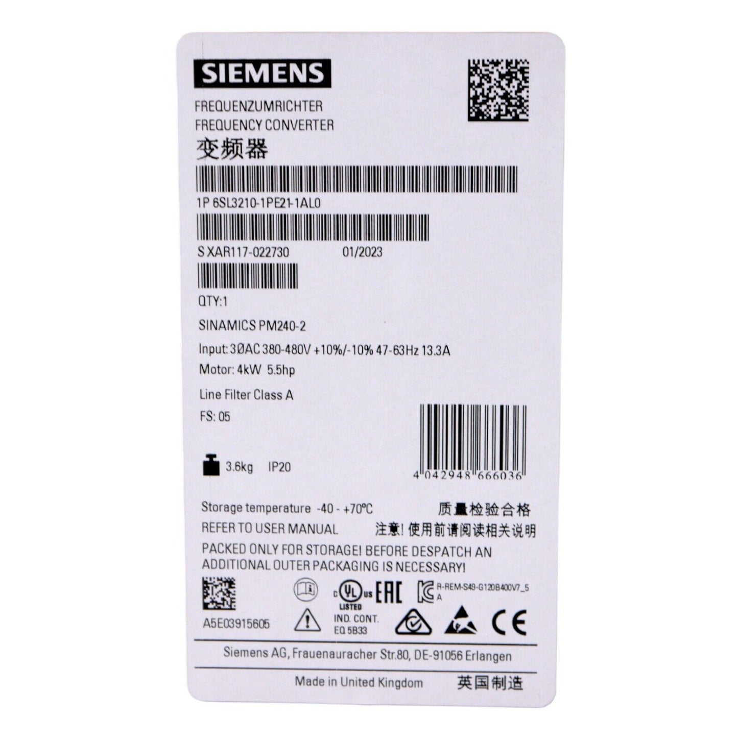 Siemens SINAMICS PM240-2 Frequency Converter label, 6SL3210-1PE21-1AL0, industrial automation part specifications.