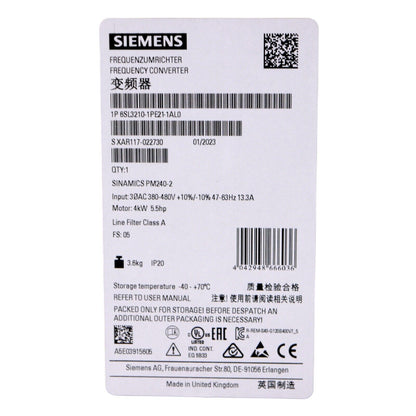 Siemens SINAMICS PM240-2 Frequency Converter label, 6SL3210-1PE21-1AL0, industrial automation part specifications.