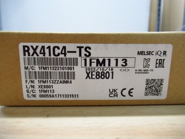 Mitsubishi RX41C4-TS PLC Processor Module product box with label showing model, serial number and specifications.