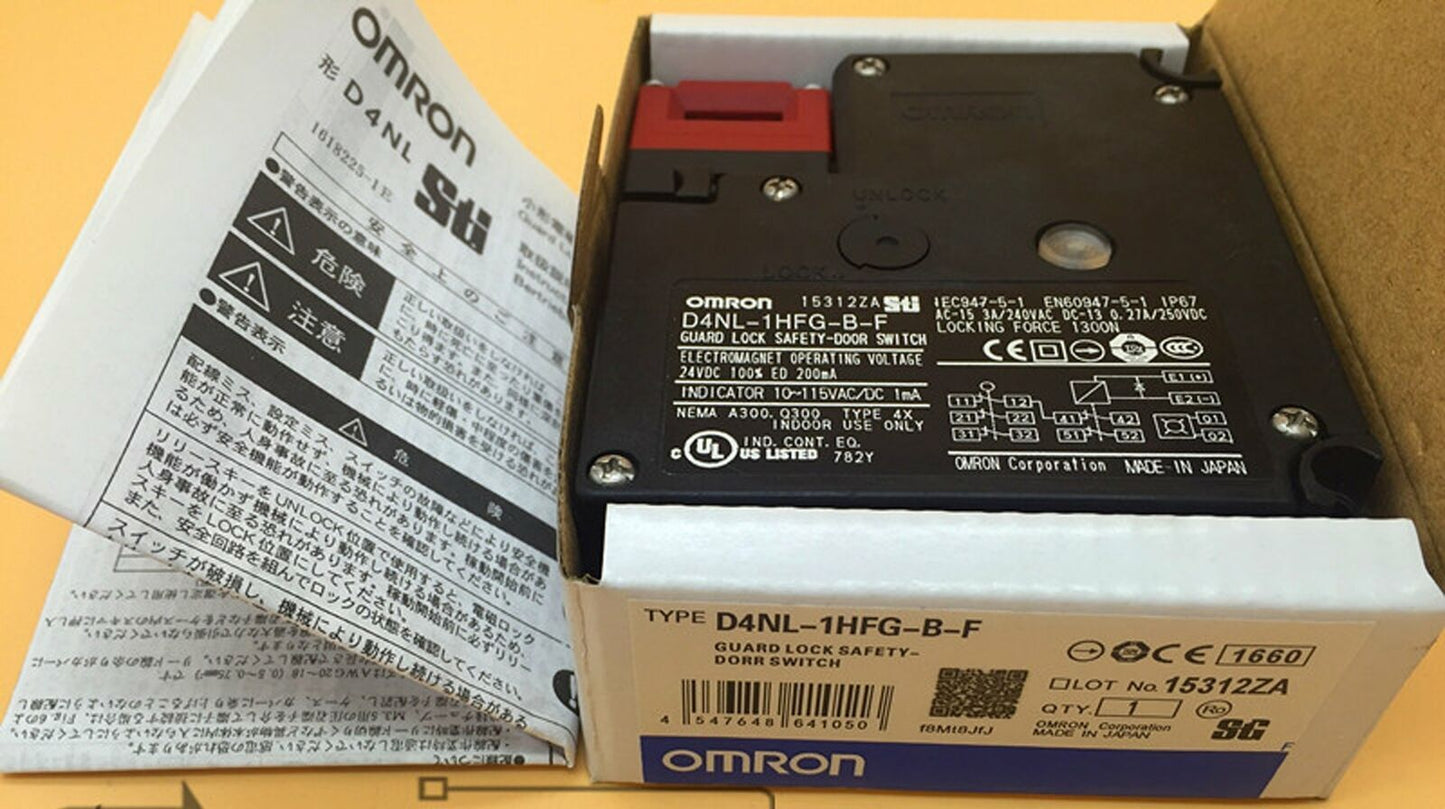 Omron D4NL-1HFG-B-F Safety Door Switch, black and red design, with specifications and Japanese text, inside a box.