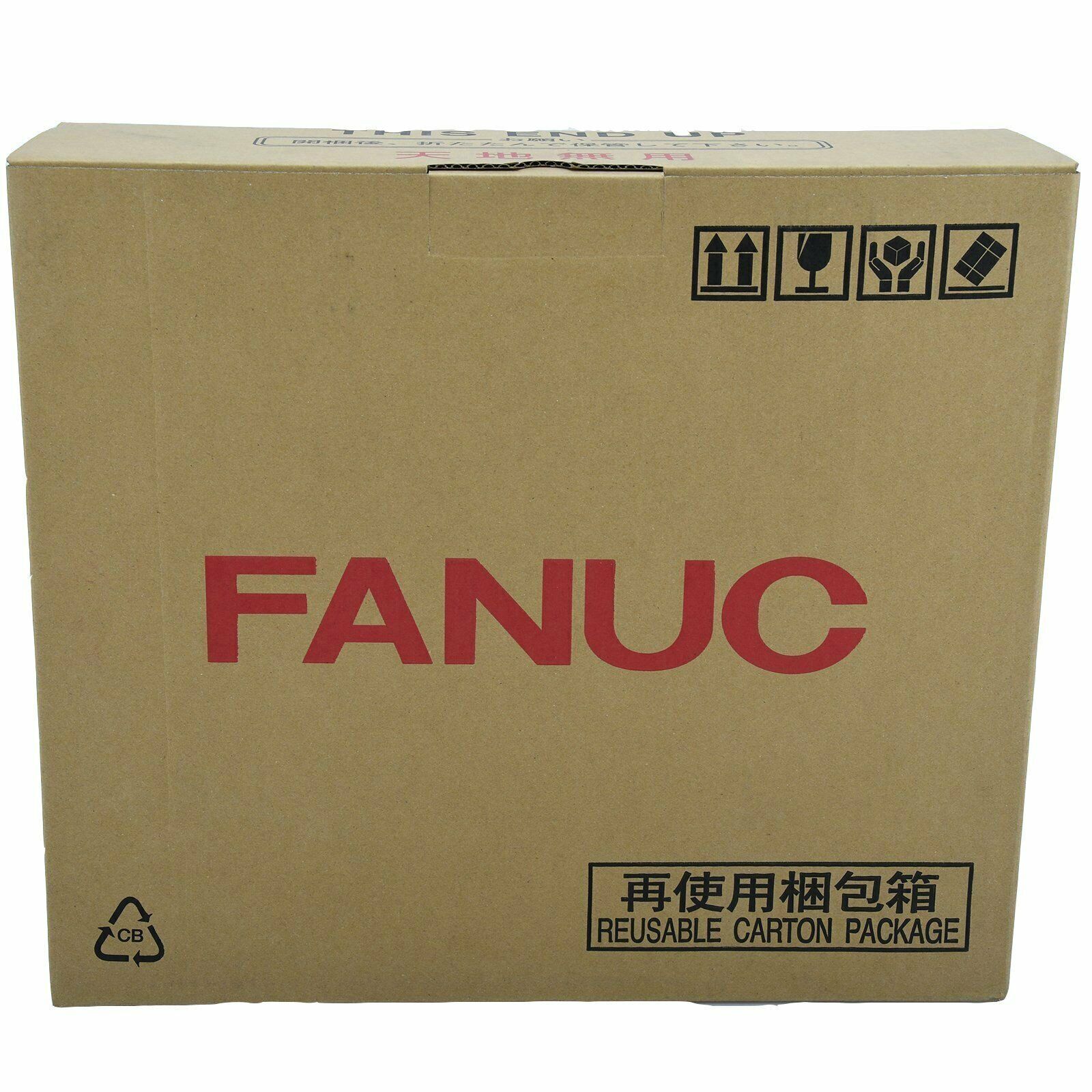 FANUC servo amplifier packaging box, brown cardboard, with handling symbols and "reusable carton package" label
