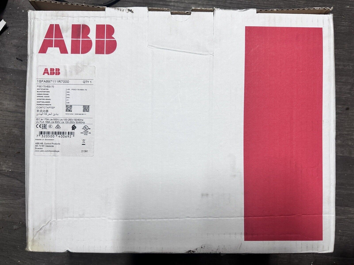 ABB PSE170-600-70 SOFT STARTER product packaging, white and red with product information.