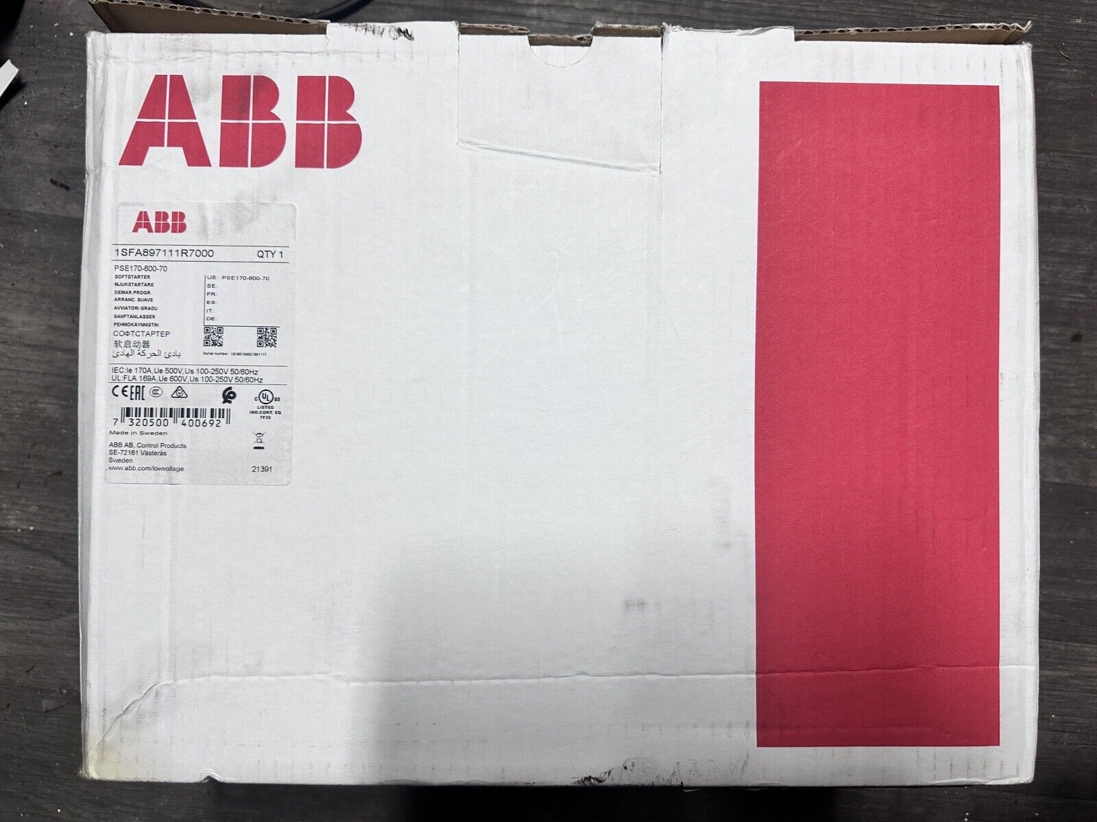 ABB PSE170-600-70 SOFT STARTER product packaging, white and red with product information.