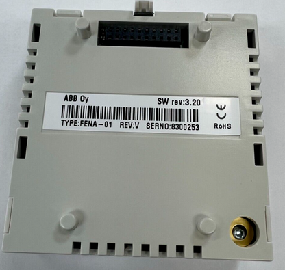 ABB FENA-01 Ethernet Adapter I/O Module. Gray and white chassis with product label, SW rev:3.20, and serial number