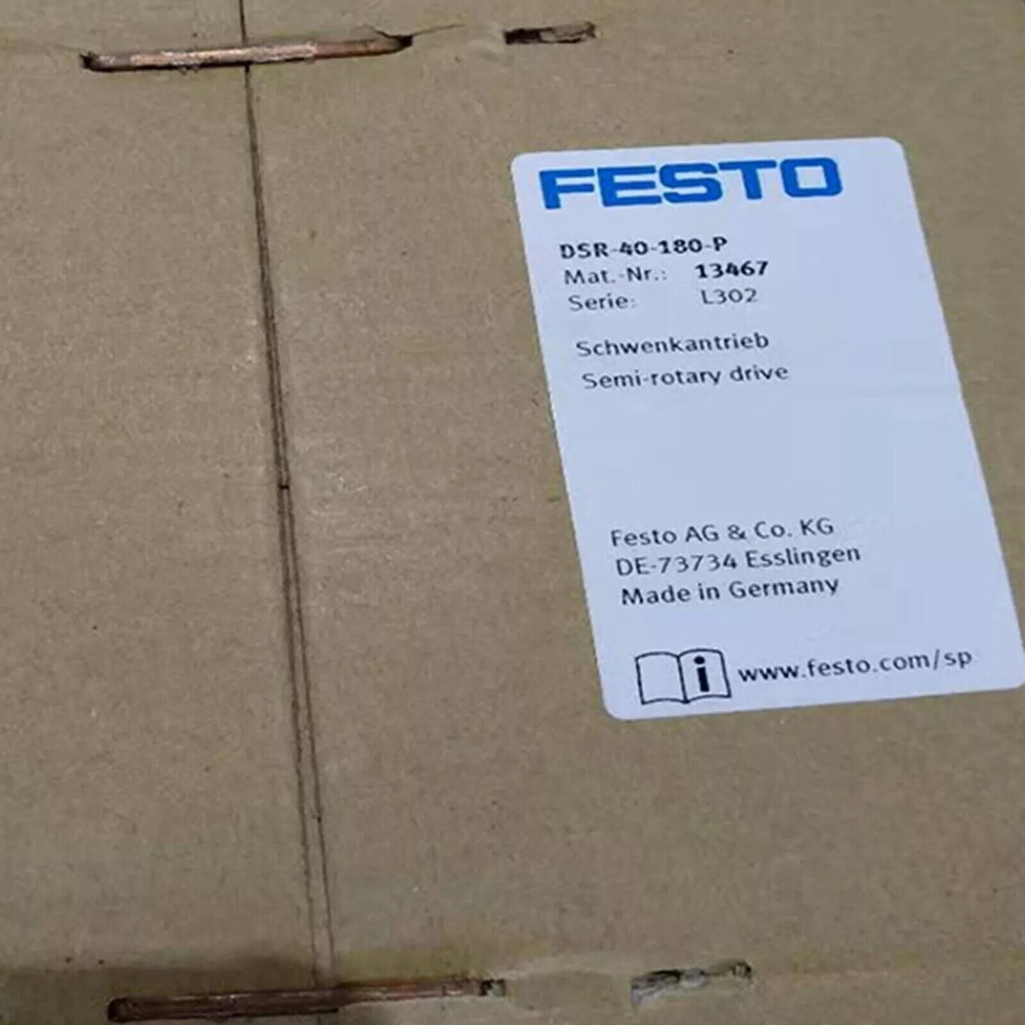 FESTO DSR-40-180-P Rotary Cylinder product label, including the product information.