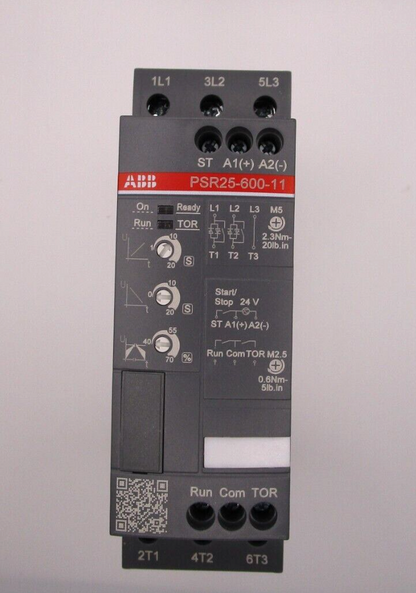 ABB PSR25-600-11 Soft Starter: Industrial automation component with indicators, 240V for motor control applications.