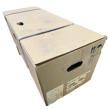 ABB ACH550-UH-08A8-4+B055 VFD packaged in a brown cardboard box, secured with black straps. Contains product label.