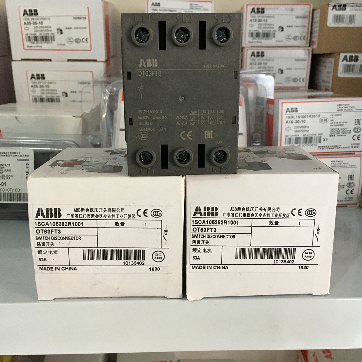 ABB OT63FT3 switch disconnector, 63A, industrial automation PLC component.
