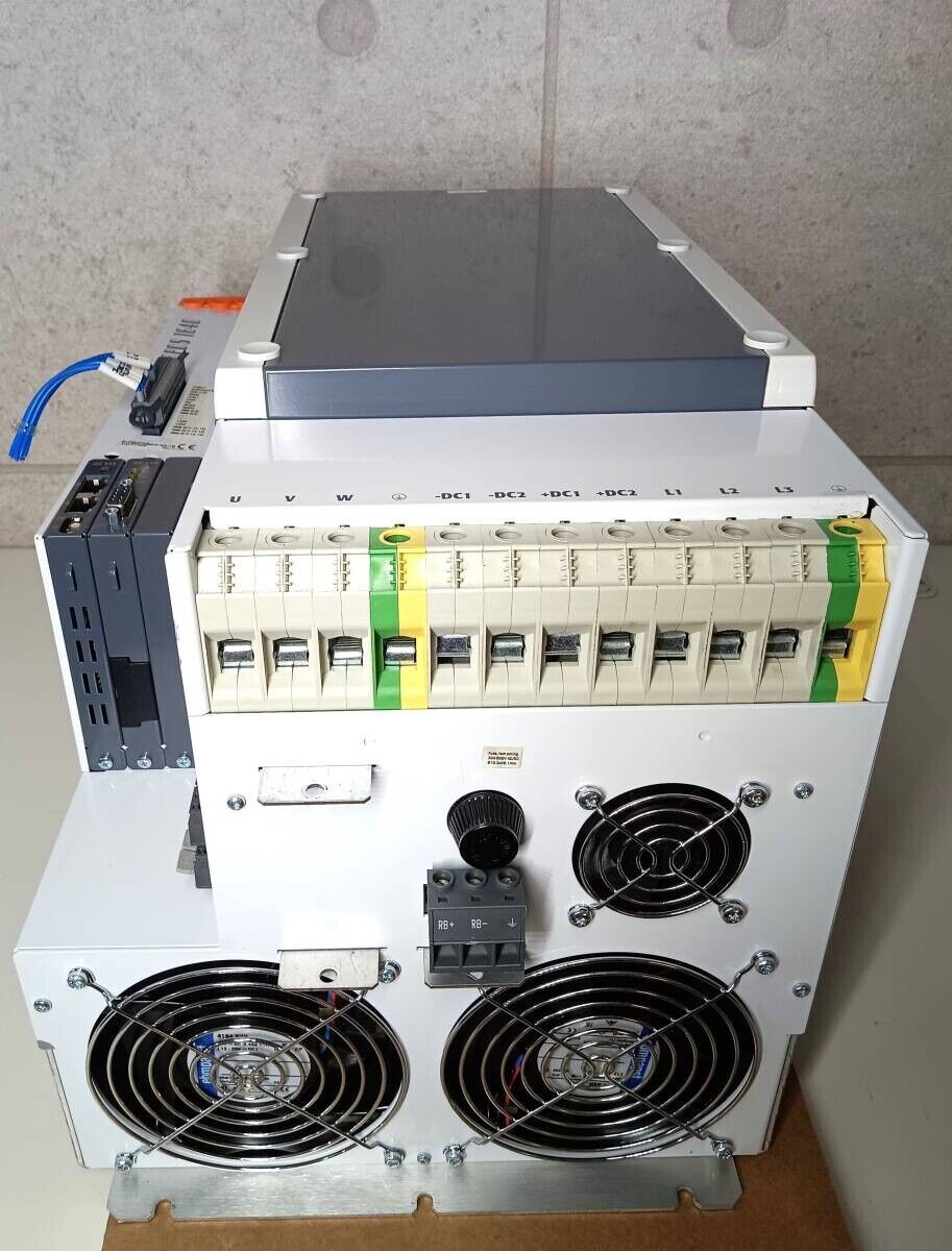 B&R ACOPOS 1640 servo drive, front view, white metal housing, cooling fans, terminals and connectors.