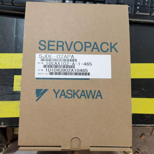 Yaskawa SJDE-02APA Servopack servo drive box, new in box, brown cardboard with blue text, model number SJDE02APA