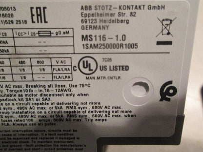Motor | ABB | MS116-1.0 Manual Motor Starter, 1SAM250000R1005 **NEW**