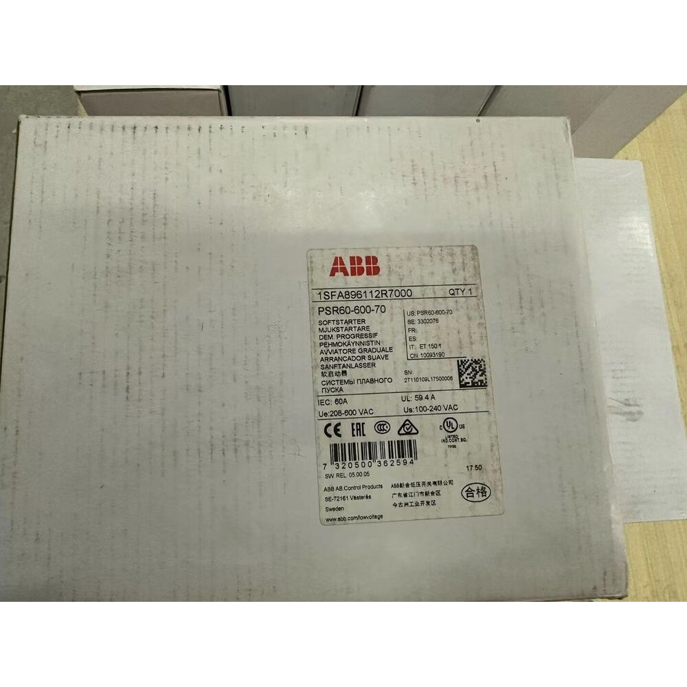 ABB PSR60-600-70 Soft Starter box, IEC 60A, 208-600 VAC. New industrial automation equipment for PLC systems.