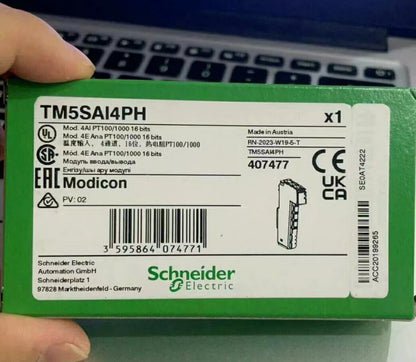 Schneider Electric TM5SAI4PH analog output module box, PLC component with specifications, Made in Austria.