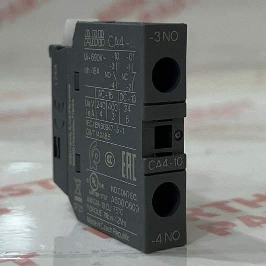 ABB CA4-01 Auxiliary Contact PLC module, grey, with technical specifications printed.