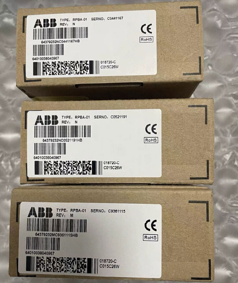 ABB RPBA-01 Profibus Comm Module boxes, featuring product labels and CE/RoHS certifications, fast shipping