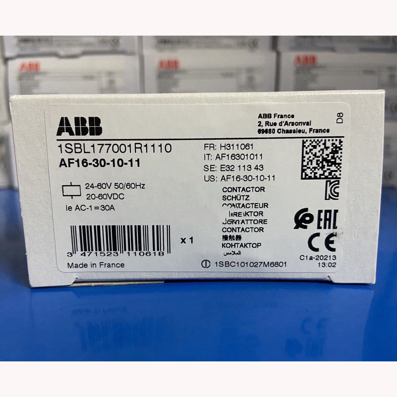 ABB AF16-30-10-11 Frequency Converter product label, Made in France, specifications visible.
