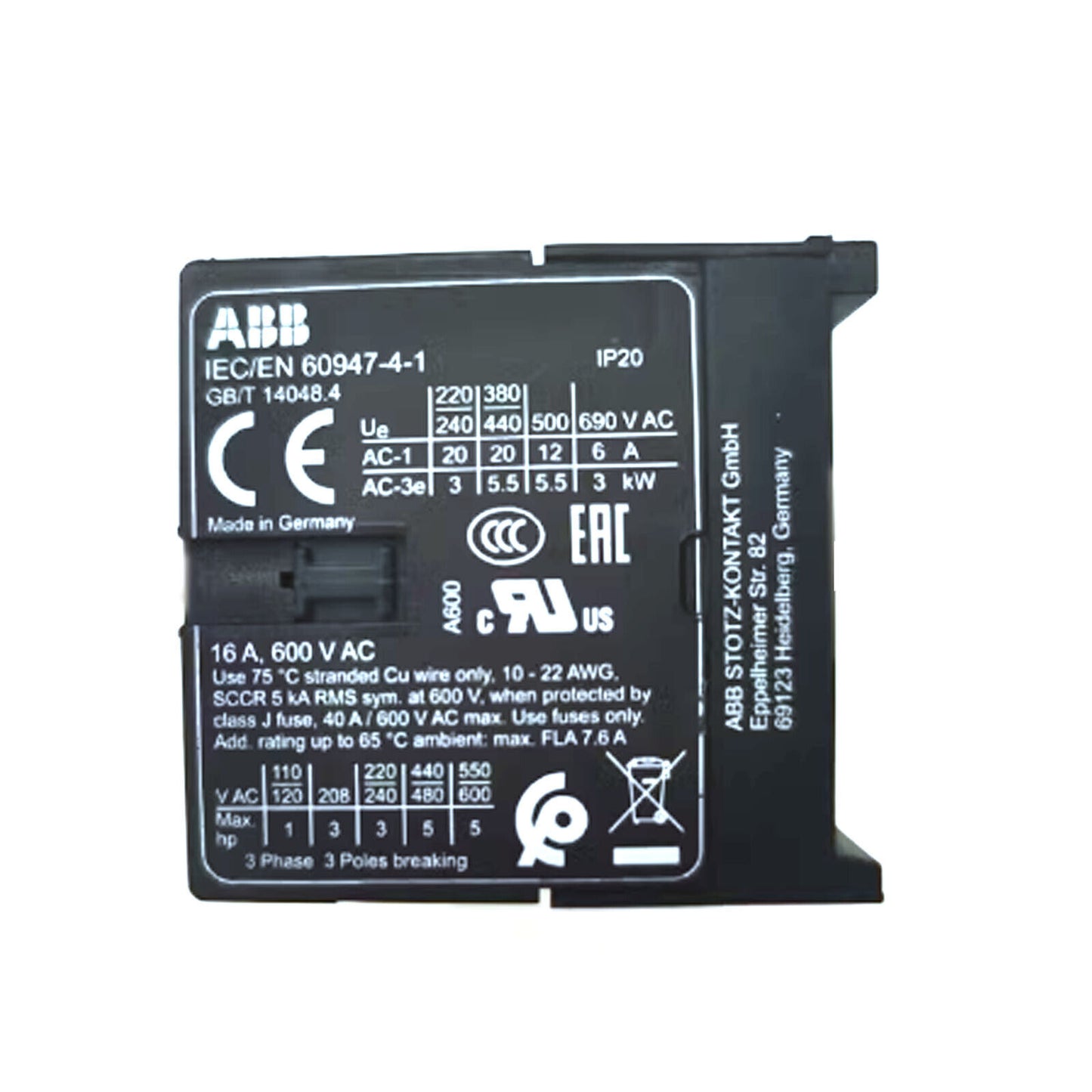 ABB IEC/EN 60947-4-1 Contactor, 600V AC, New In Box