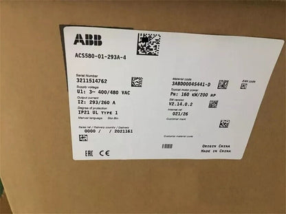 ABB ACS580-01-293A-4 label, frequency converter specs: serial, voltage, output current.