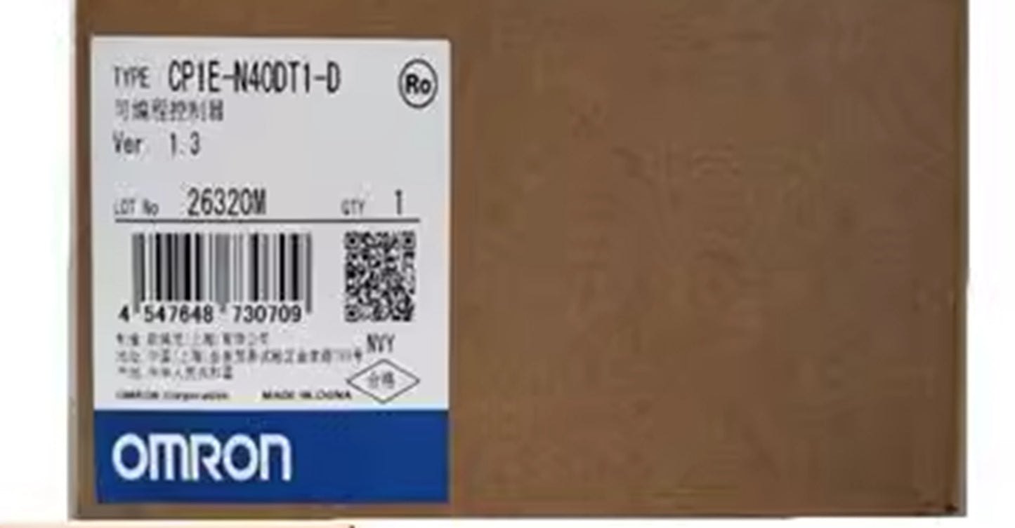 OMRON CP1E-N40DT1-D PLC box, product label with model, specifications, and barcode.