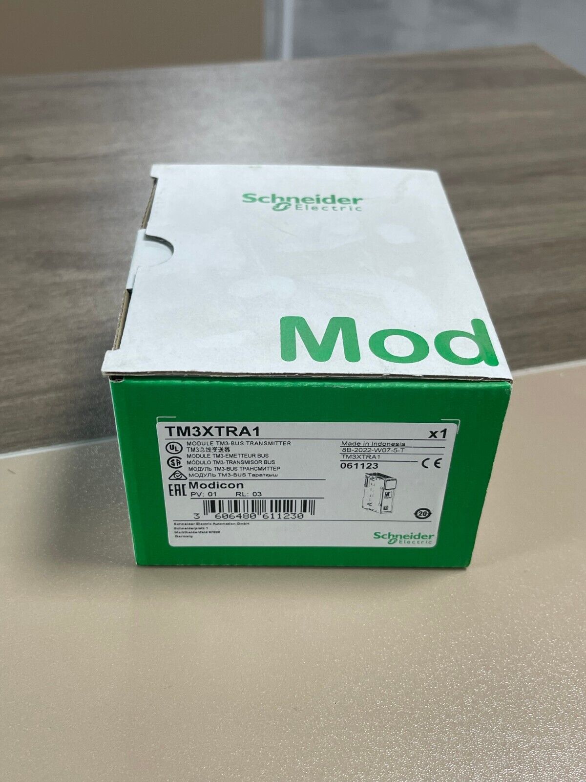 Schneider Electric TM3XTRA1 programmable module, Modicon PLC component, Made in Indonesia.