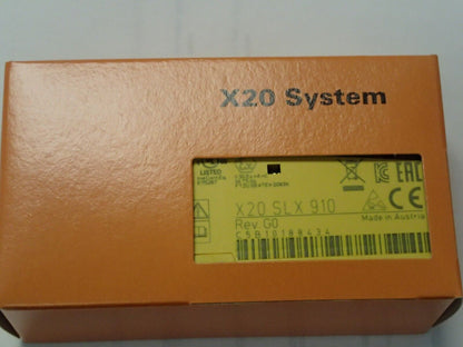 B&R X20 SLX 910 Automation Module Base, Orange box with product details and Made in Austria label.