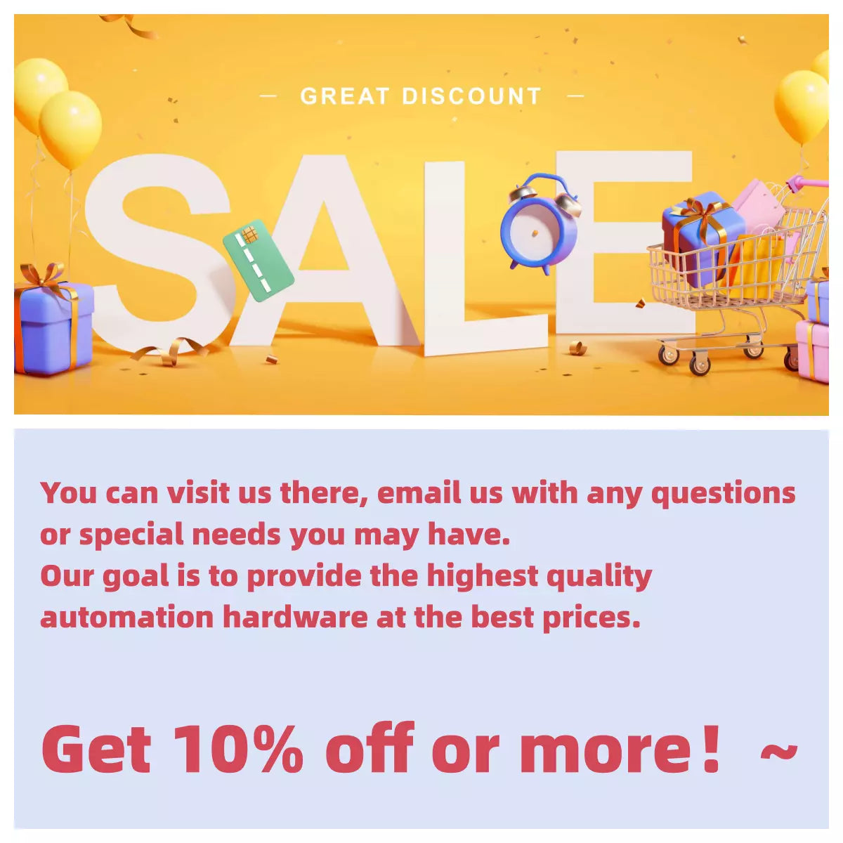 Great discount sale promotion with 10% off offer, featuring a shopping cart and gifts.
