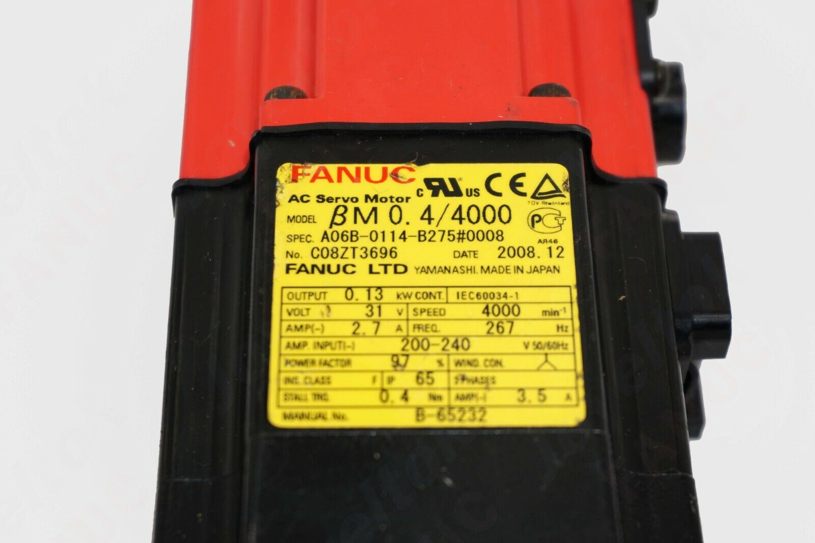 FANUC AC Servo Motor A06B-0114-B275#0008, black and red industrial part, BM 0.4/4000 specification.