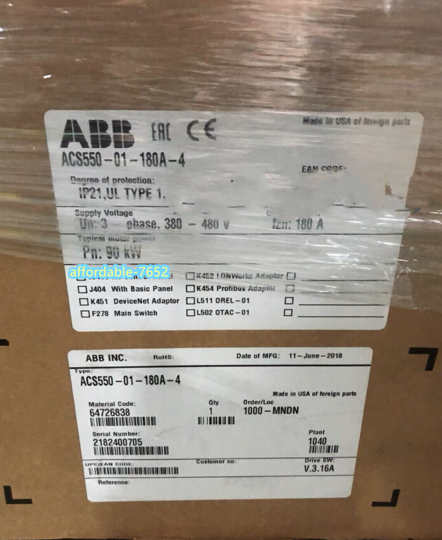ABB ACS550-01-180A-4 industrial inverter box, 380-480V, manufactured  11, 2018, new condition.
