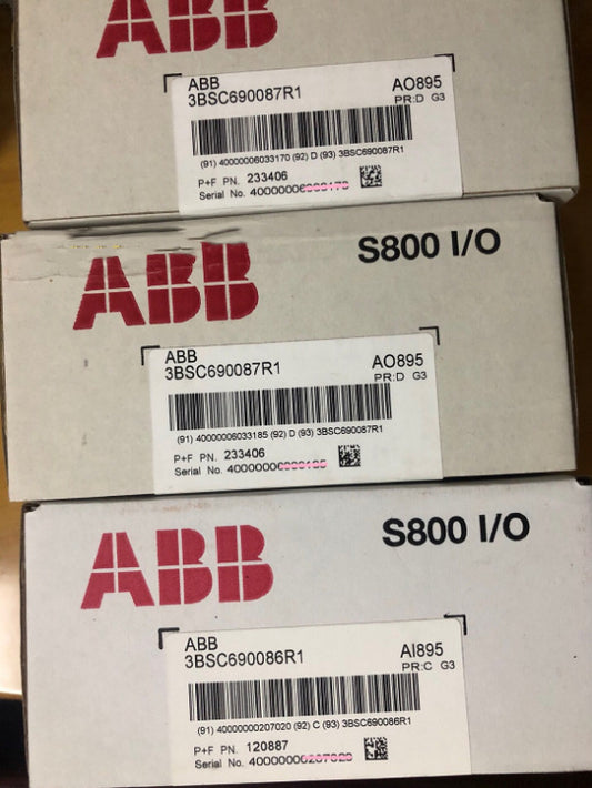 ABB PLC modules S800 I/O, including model numbers 3BSC690087R1 and 3BSC690086R1. Industrial automation parts.