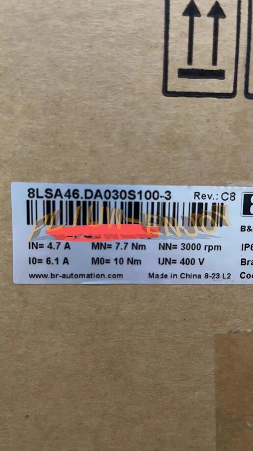 B&R servo motor label, 8LSA46.DA030S100-3 specifications, industrial automation component, made in China.