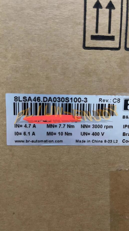 B&R servo motor label, 8LSA46.DA030S100-3 specifications, industrial automation component, made in China.