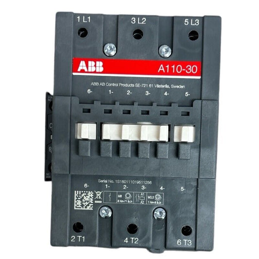 ABB A110-30 contactor, industrial automation part, gray body, white controls, SE-721 61 Västerås, Sweden