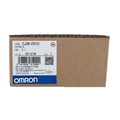 Omron CJ2M-CPU12 PLC module box, new in box. Features text like "CJ2M-CPU12", "MADE IN CHINA", and a barcode.