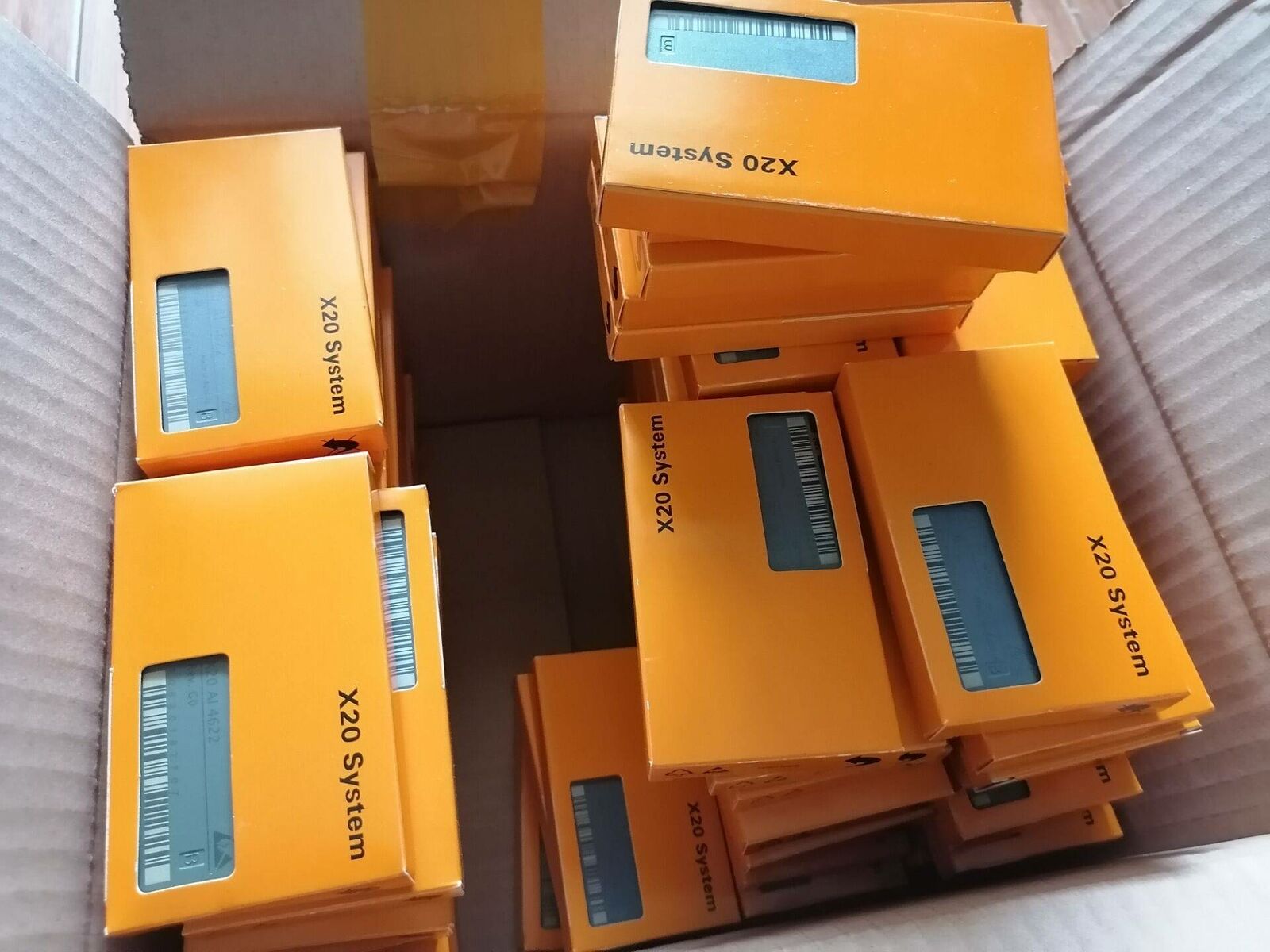 X20 System interface modules in a cardboard box, B&R industrial automation components.