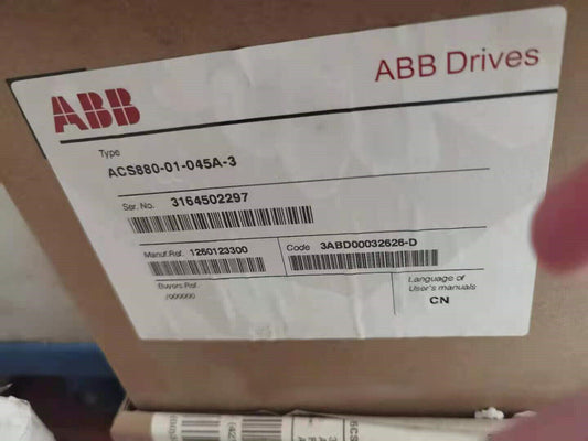 ABB ACS880-01-045A-3 frequency converter label, serial number 3164502297, from Radwell International.