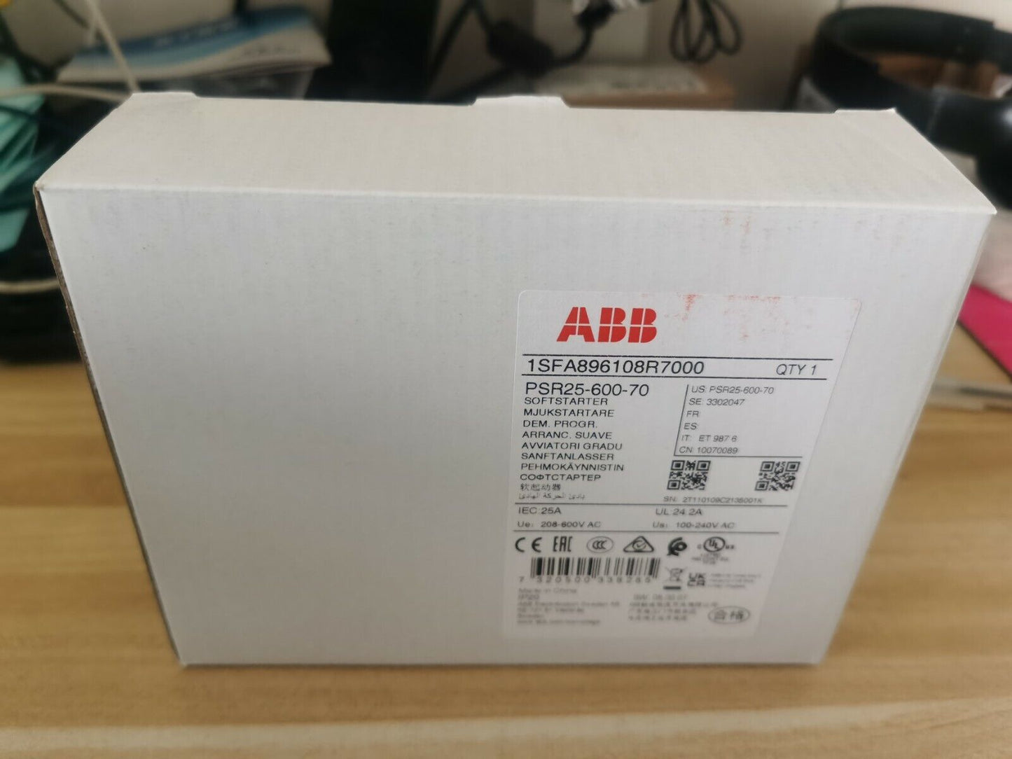 ABB PSR25-600-70 Soft Starter in box. Industrial automation part 1SFA896108R7000 for PLC systems.