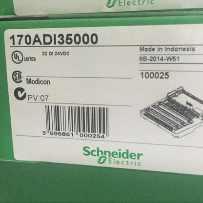 Schneider Electric 170ADI35000 PLC Terminal Module label, Made in Indonesia, 32 DI 24VDC, Modicon.