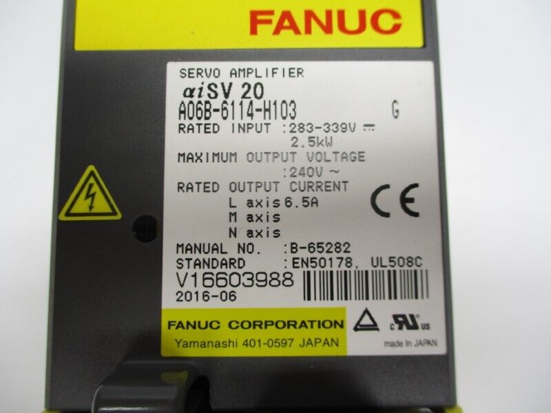 FANUC A06B-6114-H103 servo amplifier label detail, industrial automation part, 283-339V, 6.5A, CE mark, made in Japan.