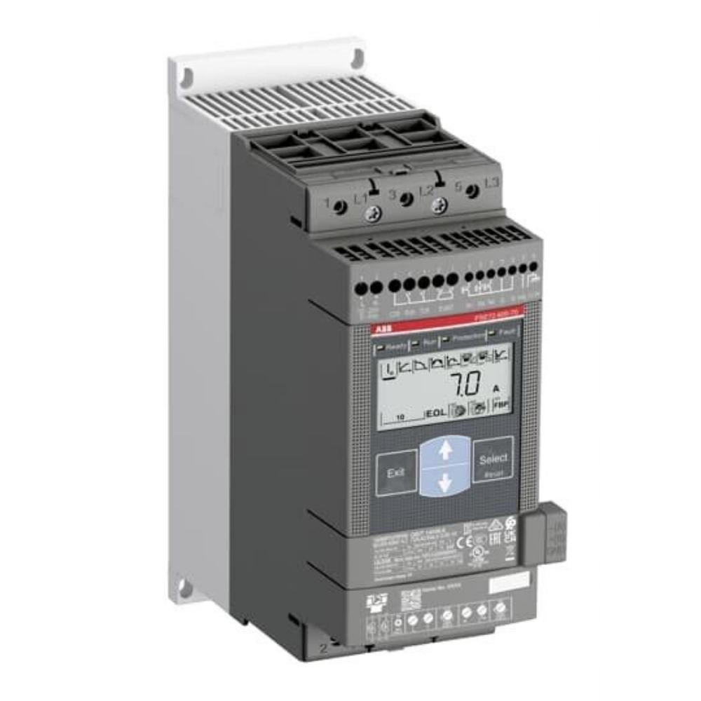ABB PSE72-600-70 Soft Starter, industrial automation equipment, with digital display showing 7.0 A.