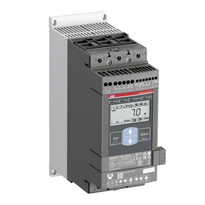 ABB PSE72-600-70 Soft Starter, industrial automation equipment, with digital display showing 7.0 A.