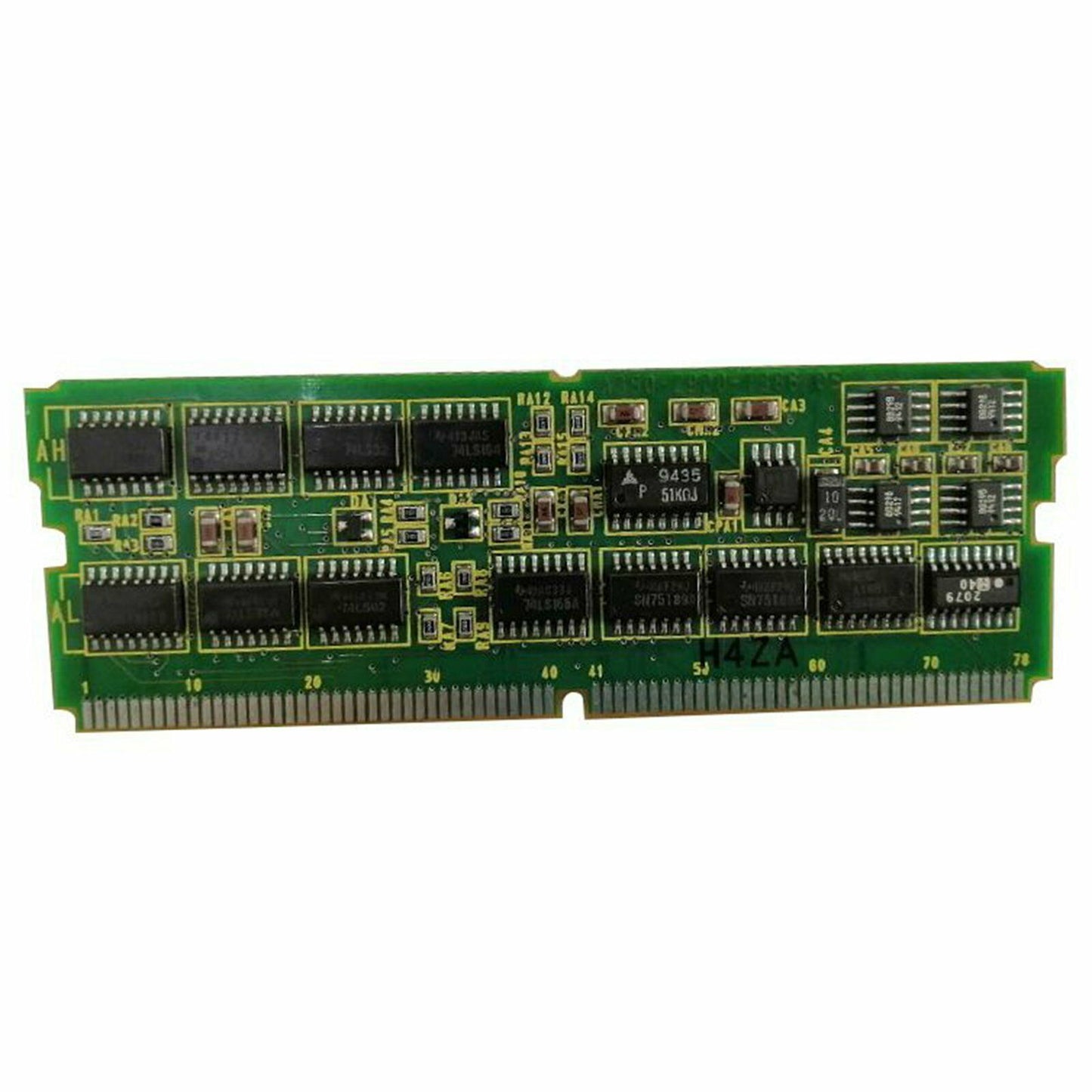 FANUC A20B-2900-0380 PLC circuit board, green PCB with integrated components like chips and ICs, industrial automation part.