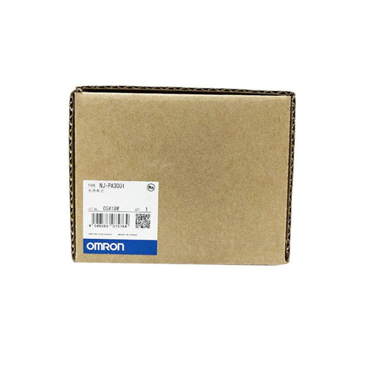 Omron NJ-PA3001 power supply unit in a cardboard box, product packaging.