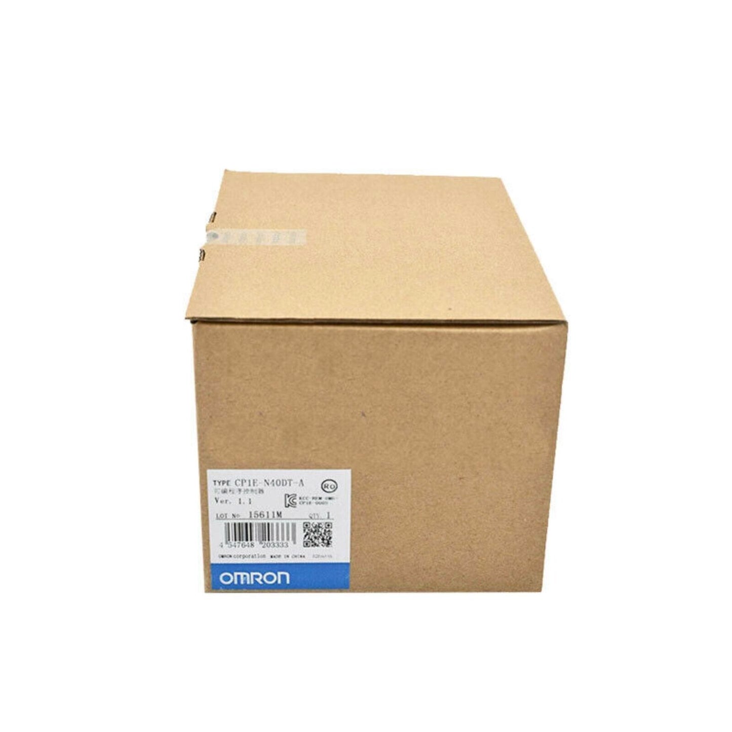 OMRON CP1E-N40DT-A PLC in box, brown cardboard packaging. New PLC module.