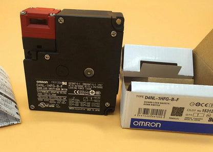 Omron D4NL-1HFG-B-F safety door switch, black and red design with box, industrial automation component